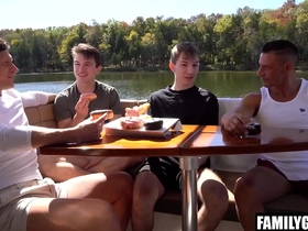 Step daddies foursome fuck gay step sons on a boat trip